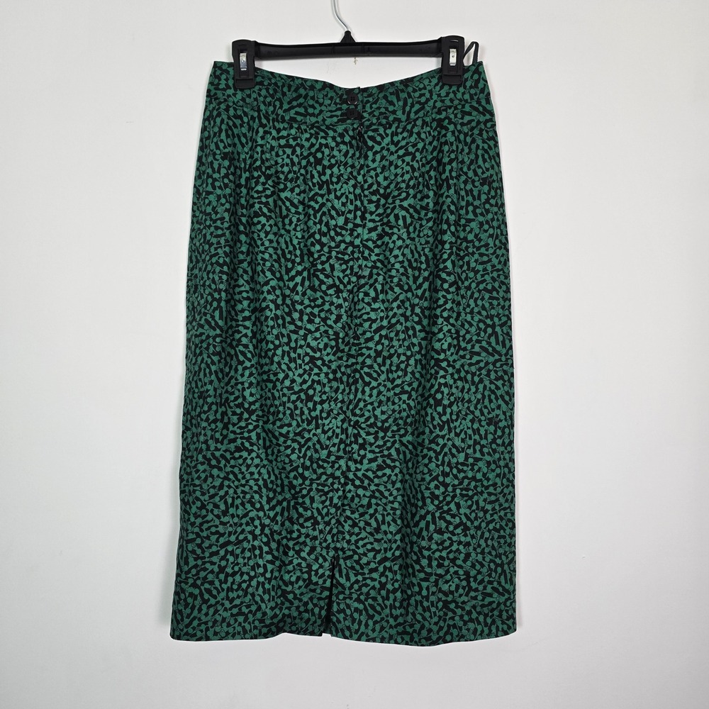 Ann Tjian for Kenar Pencil Skirt Women 12 Green Black LinenAbstract Vintage chic - Picture 4 of 9